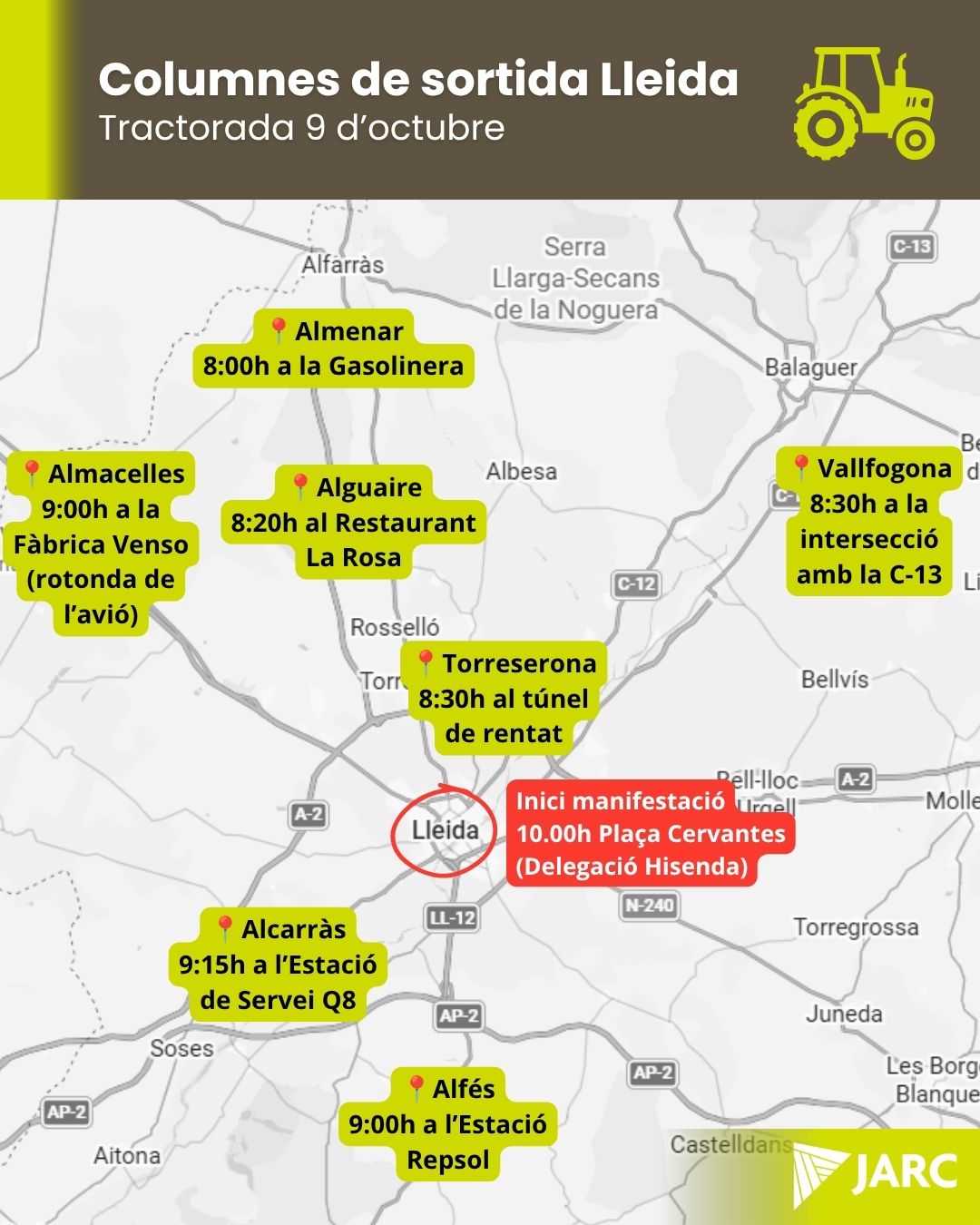 Punts de sortida de les columnes de la tractorada del 9 d'octubre a Lleida